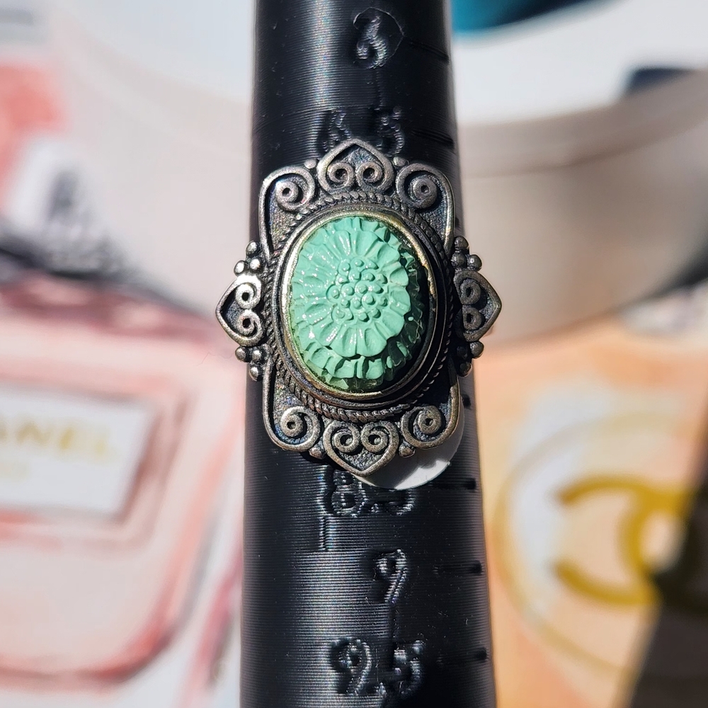 S925 Turquoise flower carved Ring adjustable size band With Antique Finish